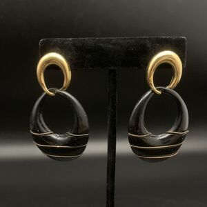 Vintage Hoop Drop Dangle Earrings Black & Gold Tone For Pierced Ears